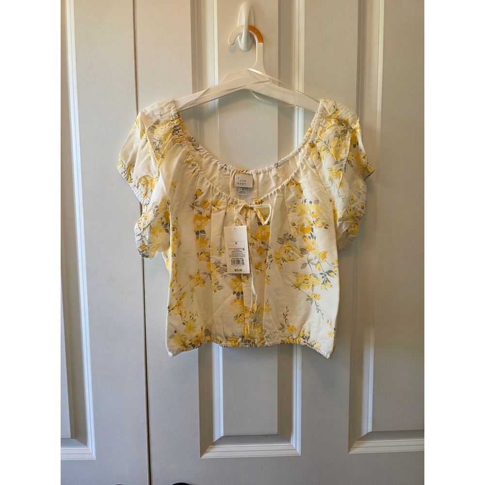 A New Day Women Yellow Floral Puff Sleeve Tie Front Crop Blouse White Small NWT